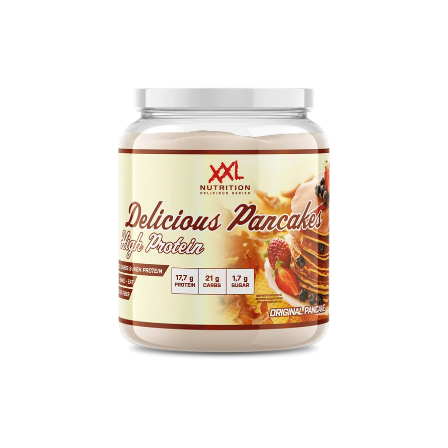 XXL Nutrition Protein-Milchshake mit leckeren Protein-Pfannkuchen, cremige Textur und köstlicher Geschmack, in einer Schüssel serviert