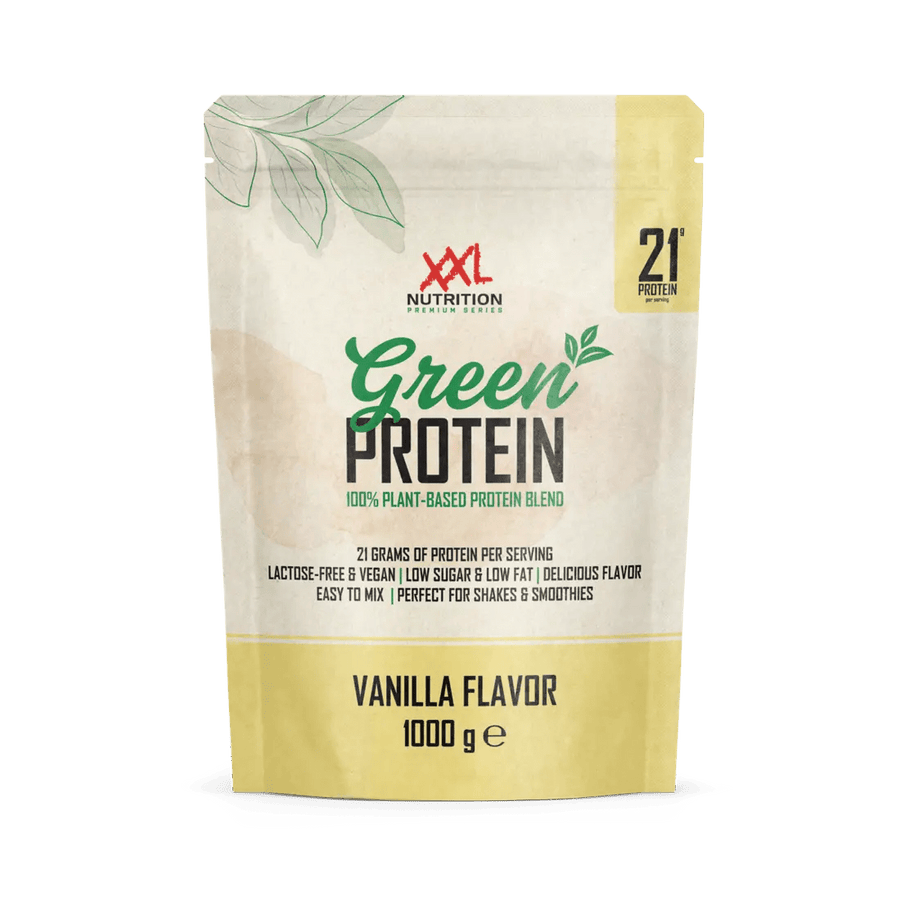 Veganer Green Protein von XXL Nutrition, pflanzliches Proteinpulver in grüner Verpackung, ideal für nachhaltiges Muskelwachstum