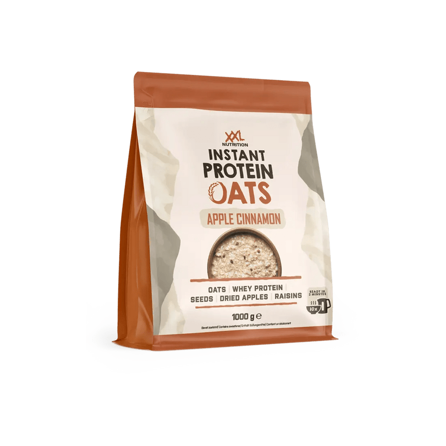 XXL Nutrition Instant Protein Oats in einer Schüssel, proteinreicher Haferbrei mit frischen Früchten und Nüssen.