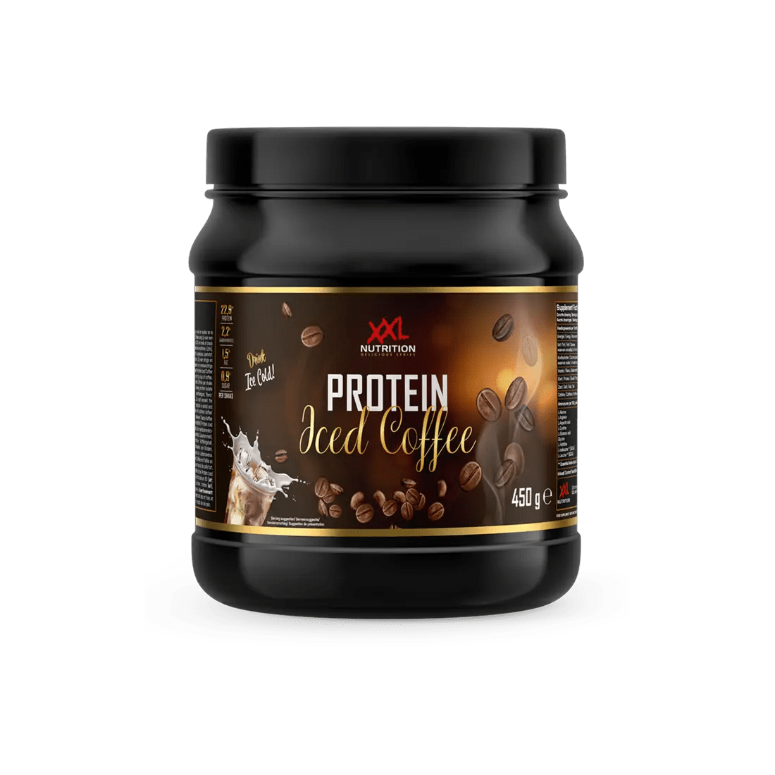 XXL Nutrition Protein Iced Coffee in einer transparenten Flasche mit Kaffee, Milch und Eis, ideal für proteinreiche Erfrischungen