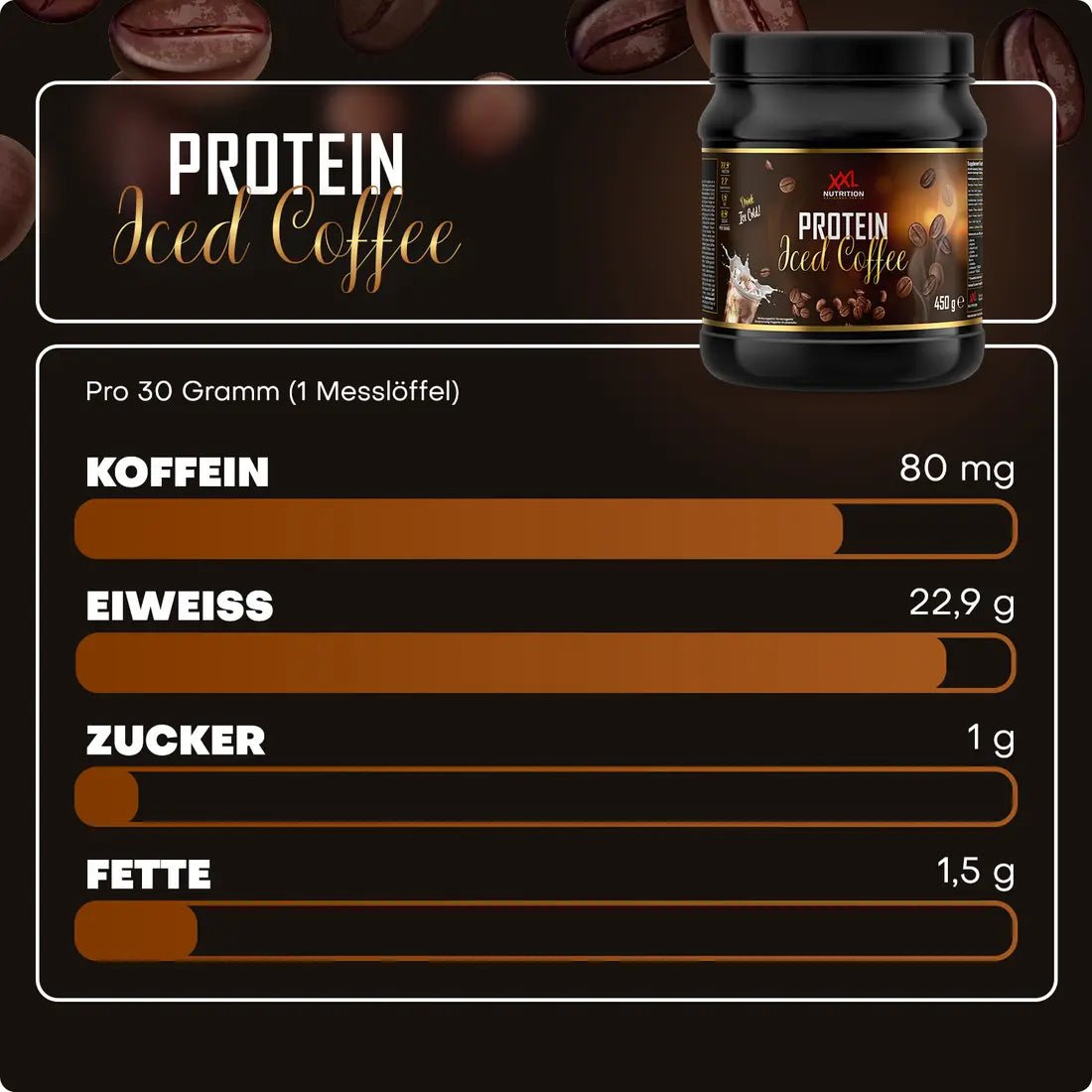 XXL Nutrition Protein Iced Coffee in einer transparenten Flasche, kalt serviert mit Eiswürfeln, für proteinreichen Kaffeegenuss.