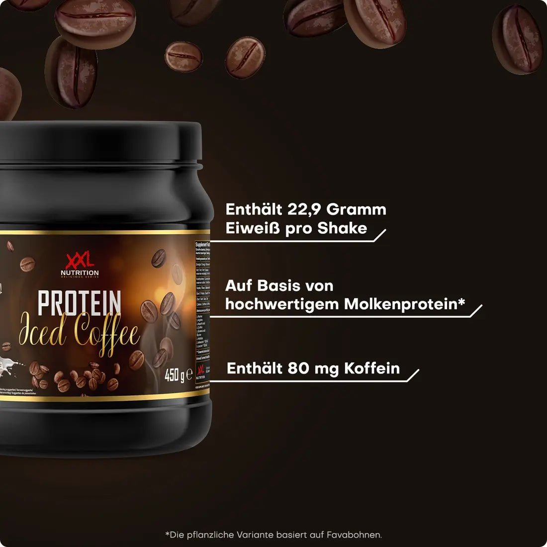XXL Nutrition Protein Iced Coffee in einem Glas, cremig und erfrischend, mit Kaffee und Protein, für kühlende Energie.