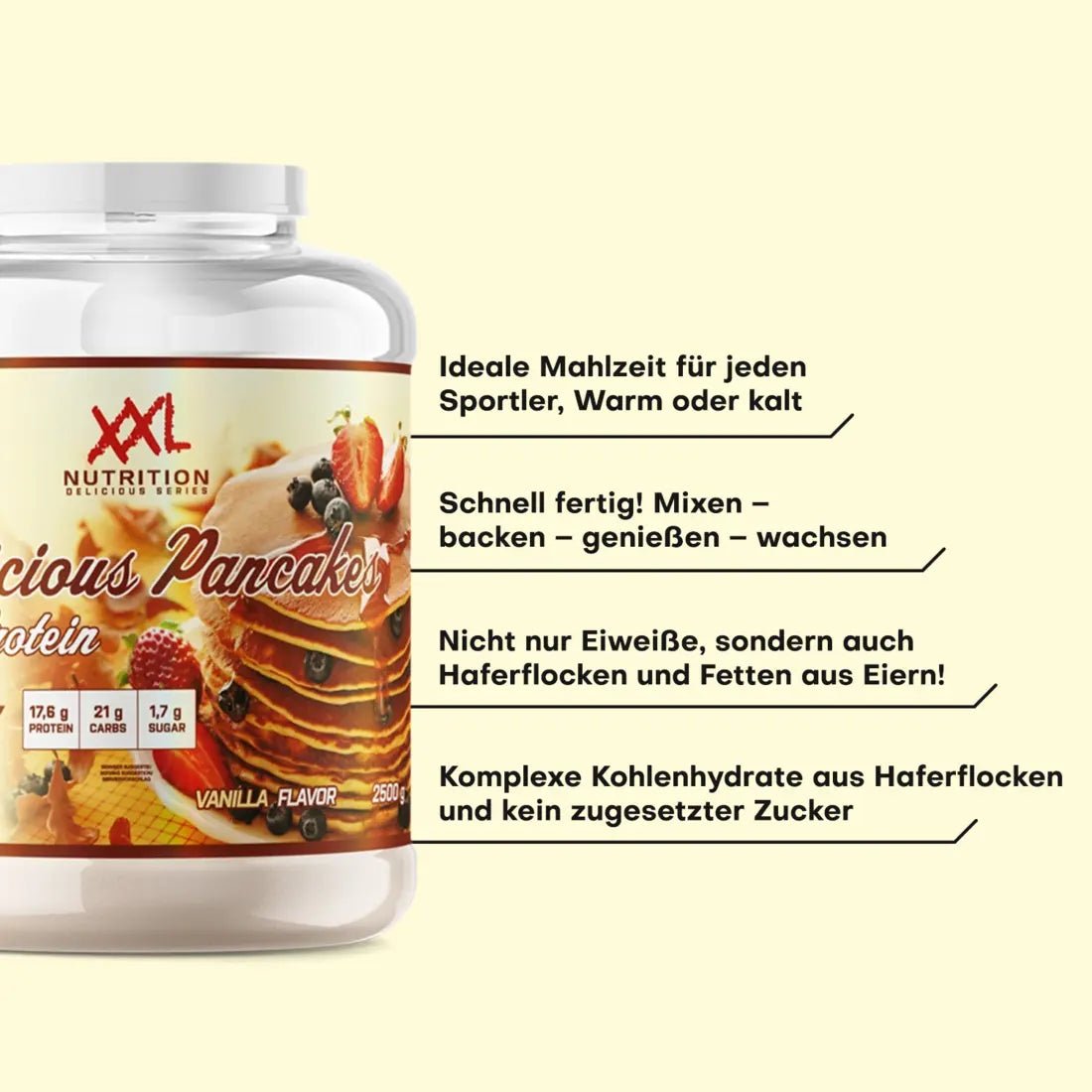 XXL Nutrition Protein-Milchshake mit Geschmack nach köstlichen Pfannkuchen, cremig und nahrhaft, in 1000g Packung.