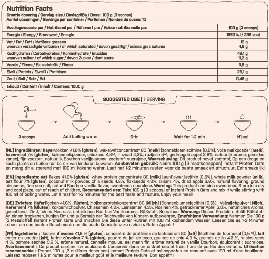 XXL Nutrition Instant Protein Oats mit Apfel und Zimt, Reis, Porridge und Pudding, cremige Frühstücksoption in Schüssel.