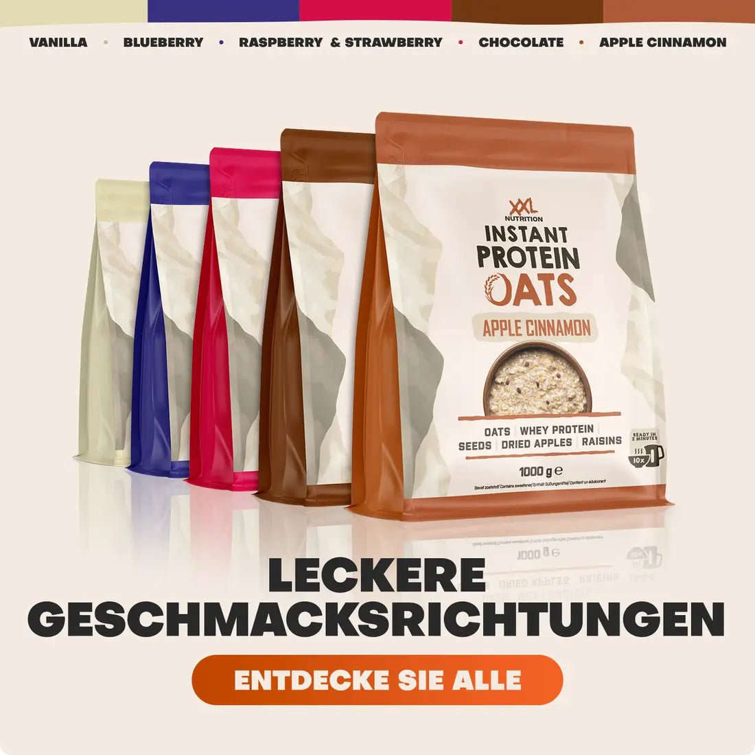 XXL Nutrition Instant Protein Oats mit Apfel und Zimt, Reis, Porridge und Pudding, cremige Frühstückszubereitung