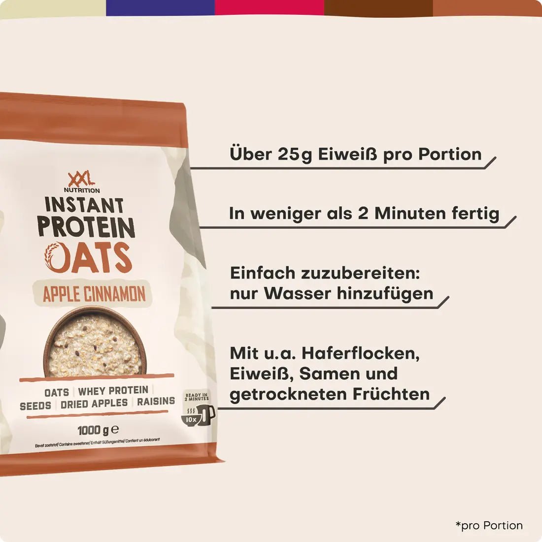 XXL Nutrition Instant Protein Oats mit Apfel und Zimt, brauner Reis für Porridge und Pudding, nährstoffreiches Frühstück.