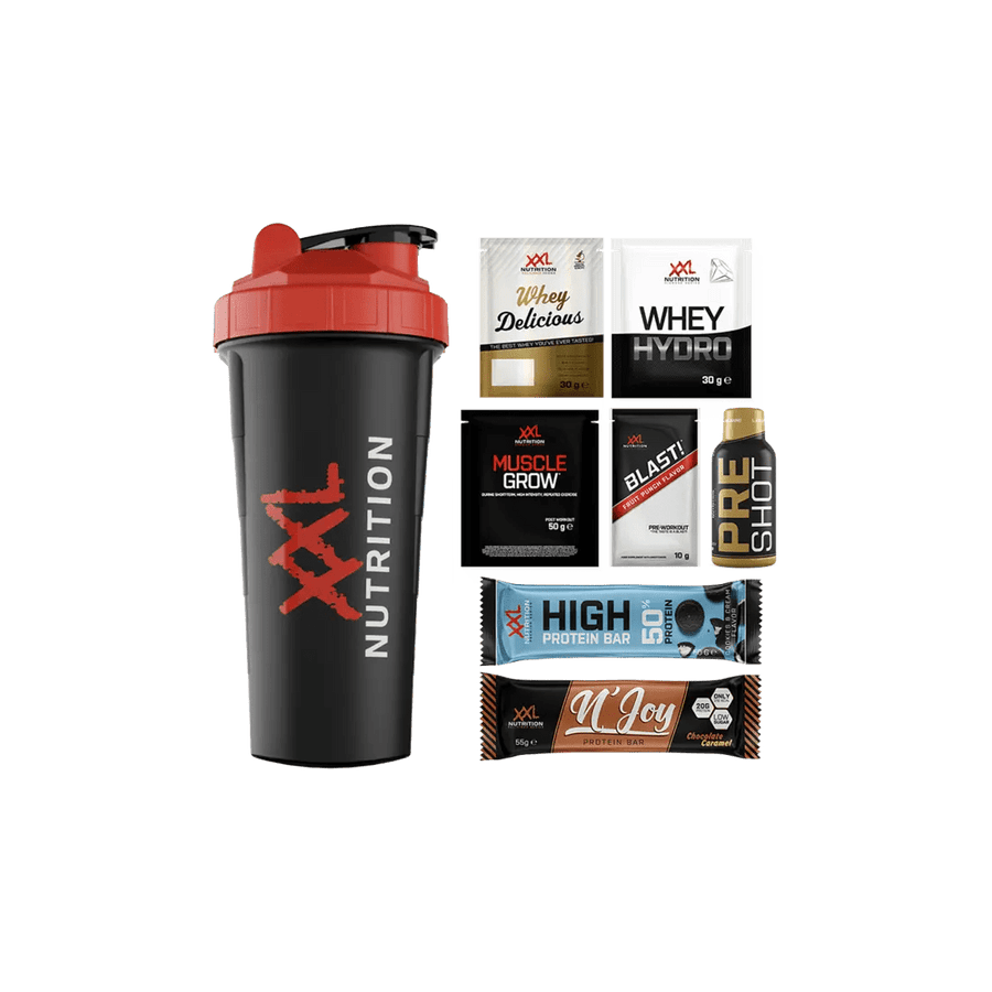 XXL Nutrition Try Out Shaker Geschenk-Edition, langlebiger Sportshaker mit Edelstahlverschluss und messskala für proteinreiche Getränke