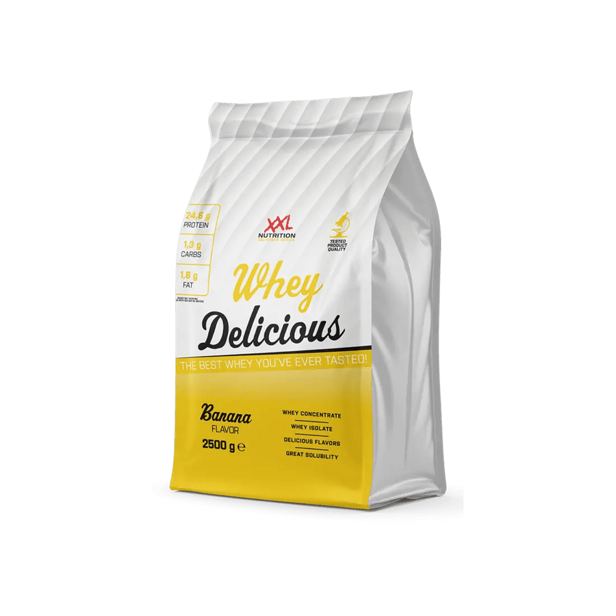 XXL Nutrition Whey Delicious Proteinpulver in 2,5 kg Dose, cremige Textur, ideal für Muskelaufbau und Fitness.