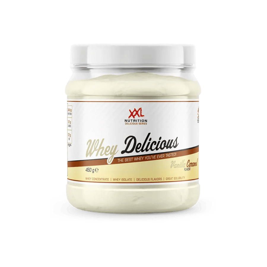 XXL Nutrition Whey Delicious Proteinpulver in 450g Packung, cremige und schmackhafte Molkenprotein-Quelle.