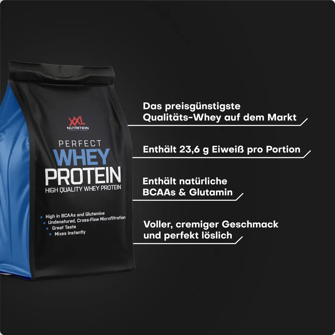 XXL Nutrition Perfect Whey Protein in Bananengeschmack, Verpackung mit Whey Protein Pulver, sportliche Ernährung