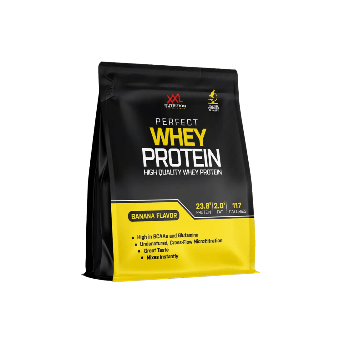 XXL Nutrition Perfect Whey Protein in Bananengeschmack, Pulver mit natürlicher Textur, ideal für Muskelaufbau und Fitness.